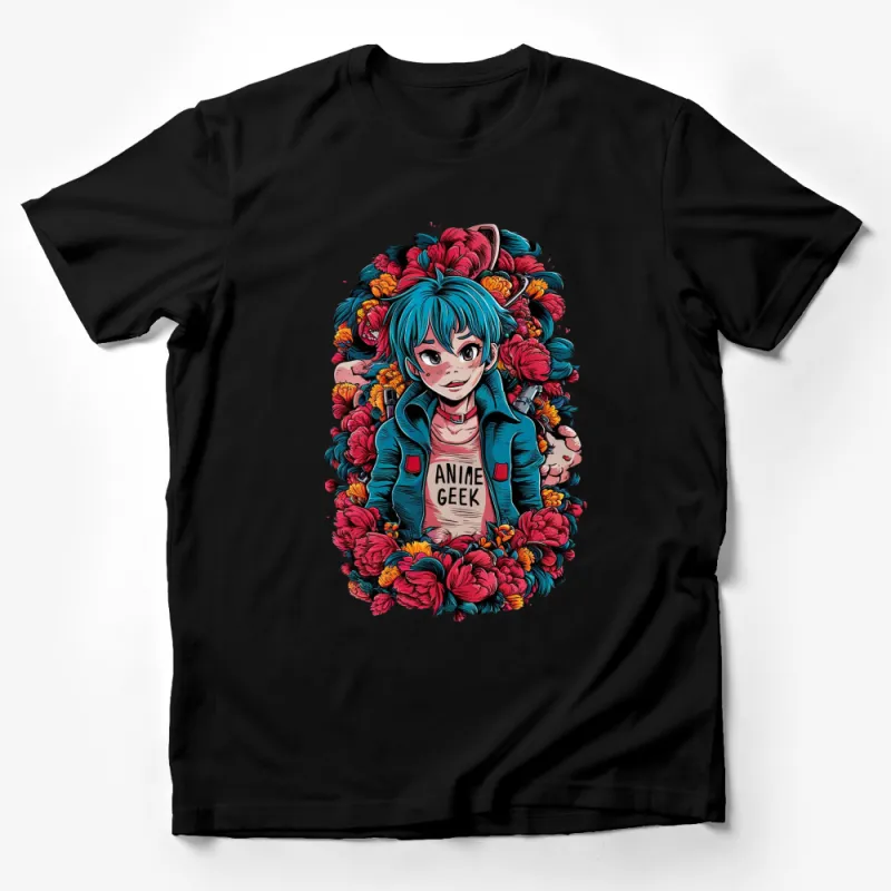 Anime Geek Girl T-Shirt, Colorful Floral Design with Blue Hair, Stylish Otaku Apparel, Trendy Manga Fan Gift Male T-Shirt