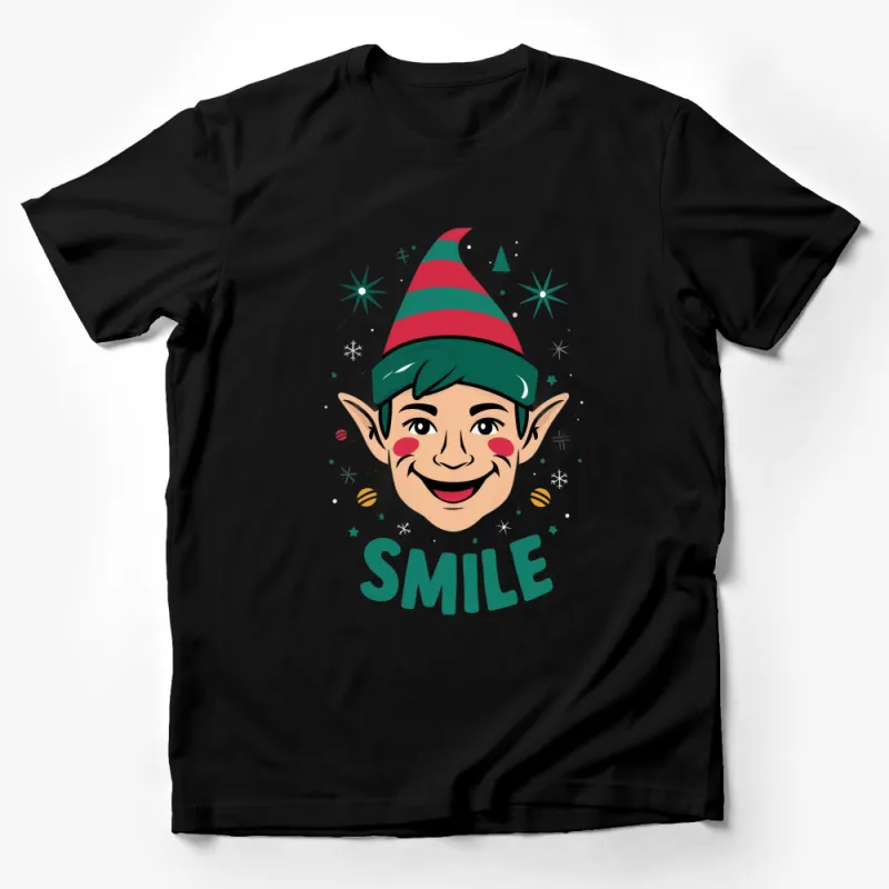 Christmas Elf Smile T-Shirt, Festive Holiday Graphic Tee, Green Red Elf Face, Unisex Winter Apparel Male T-Shirt