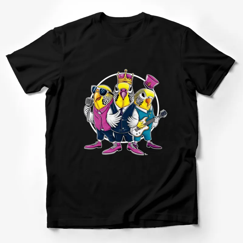 Colorful Budgie Band T-Shirt, King Budgie with Singing Birds, Unique Guitarist Bird Tee, Fun Parrot Illustration Shirt for All Ages Male T-Shirt