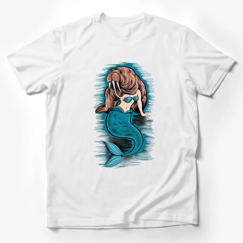 Walrus Mermaid Fantasy Art T-Shirt, Unique Graphic Tee, Whimsical Animal Design Shirt, Gift Male T-Shirt