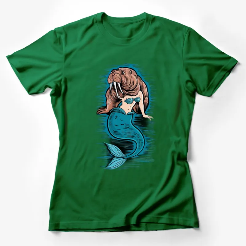 Walrus Mermaid Fantasy Art T-Shirt, Unique Graphic Tee, Whimsical Animal Design Shirt, Gift Female T-Shirt