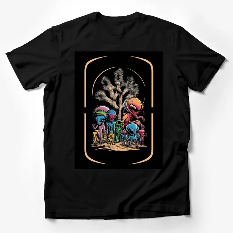 Colorful Alien Gathering Graphic T-Shirt, Sci-Fi Art Tee, Unique Extraterrestrial Design, Unisex Male T-Shirt