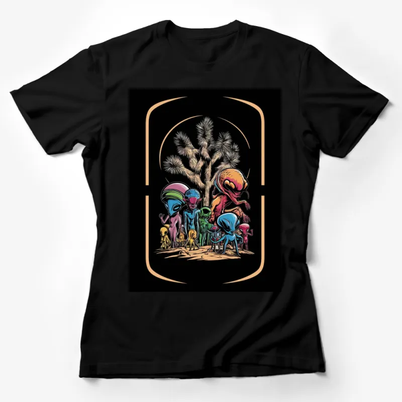 Colorful Alien Gathering Graphic T-Shirt, Sci-Fi Art Tee, Unique Extraterrestrial Design, Unisex Female T-Shirt