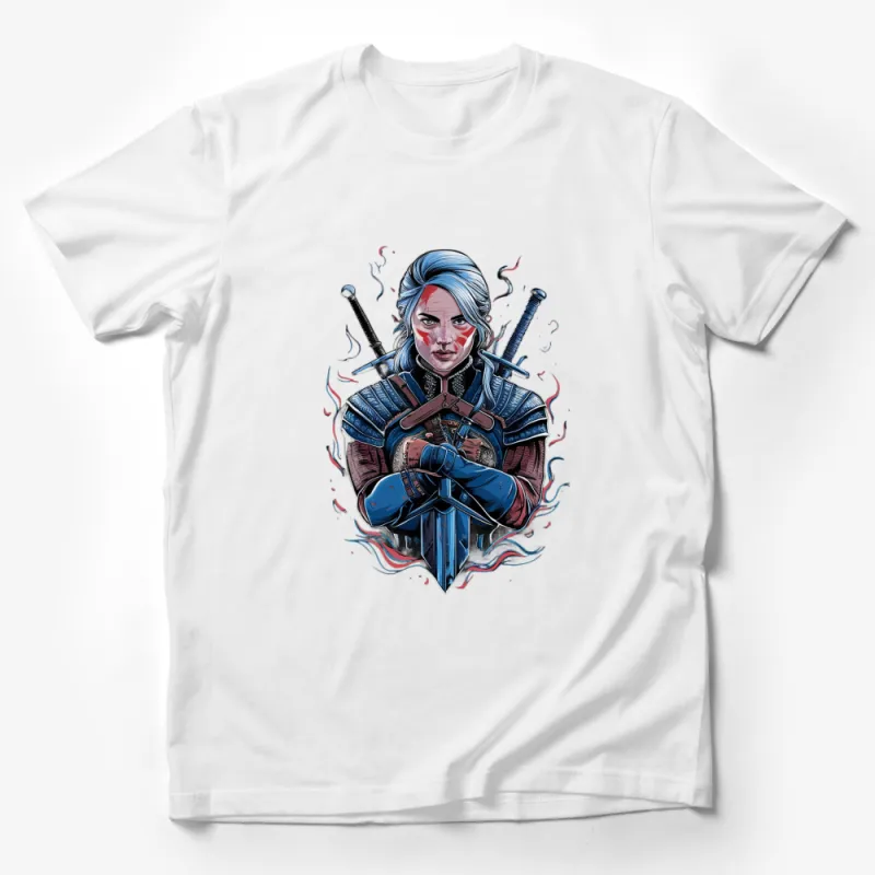 Samurai Warrior Woman T-Shirt, Japanese Art Style Female Samurai, Blue Armor Graphic Tee Male T-Shirt