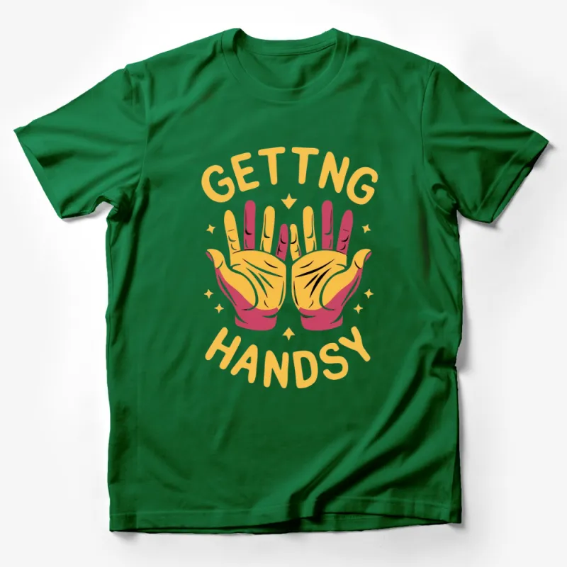 Getting Handsy Graphic T-Shirt, Bold Yellow and Red Design, Casual Wear Male T-Shirt