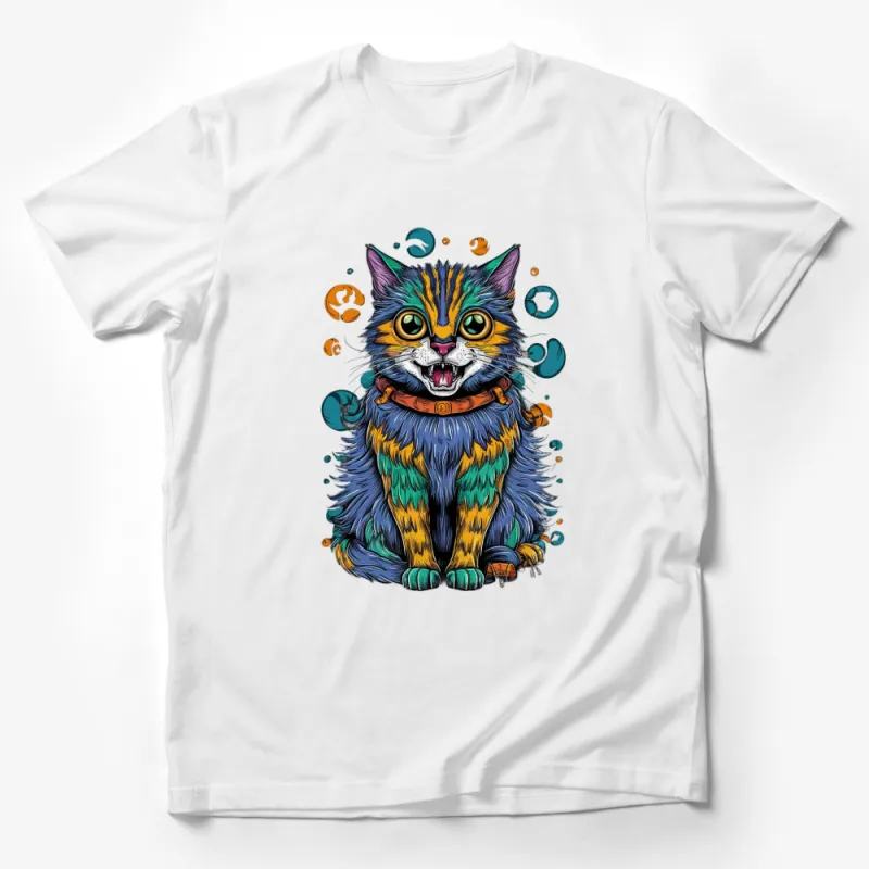 Colorful Cat T-Shirt, Funky Feline Graphic Tee, Unique Artistic Cat Lover Gift Male T-Shirt