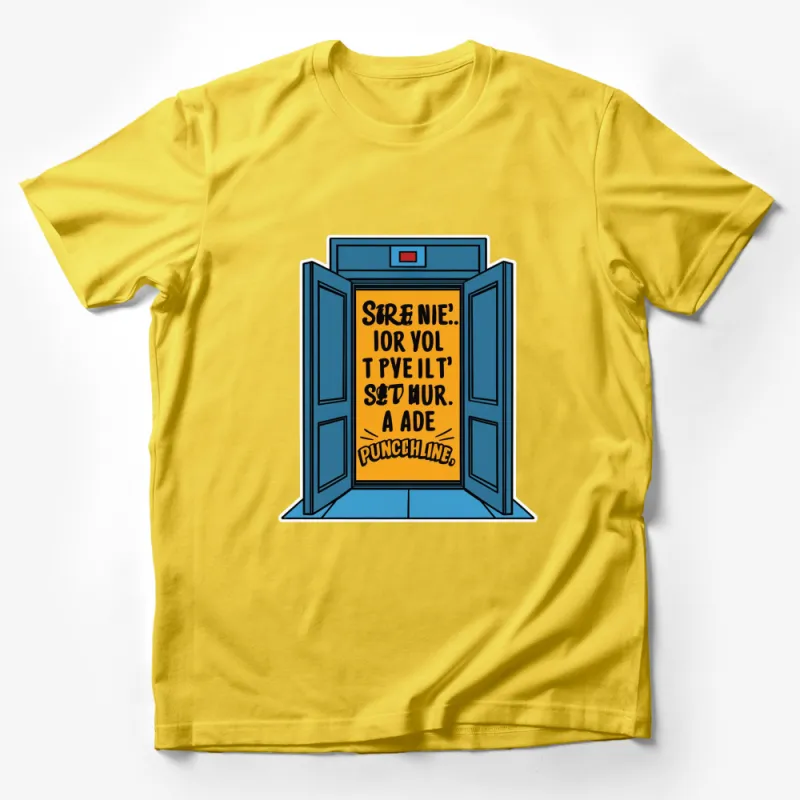 Retro Elevator Door Graphic T-Shirt, Vintage Comic Style, Unique Statement Tee Male T-Shirt