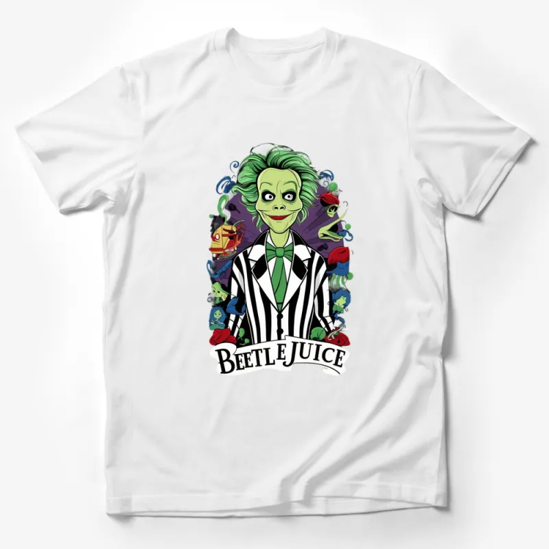 Beetlejuice Character T-Shirt, Green Hair, Striped Suit, Classic Movie Fan Apparel Male T-Shirt