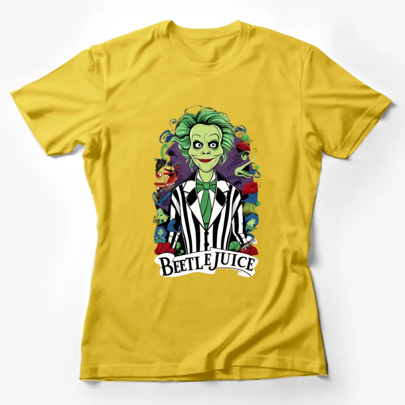 Beetlejuice Character T-Shirt, Green Hair, Striped Suit, Classic Movie Fan Apparel Female T-Shirt