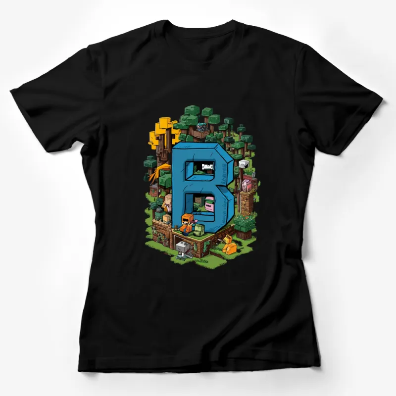 Minecraft Inspired B Letter Graphic T-Shirt, Colorful Gamer Alphabet Block Design Tee, Unique Youthful Casual Wear Female T-Shirt