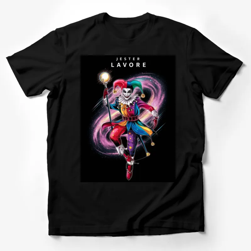 Jester Lavorre Cosplay T-Shirt, Vivid Comic Graphic Tee, Space Background, Unisex Male T-Shirt