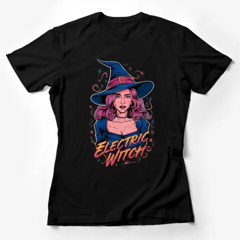 Electric Witch Artistic Graphic T-Shirt, Pink-haired Witch with Hat, Women's Fashion Top, Unique Illustration Apparel Female T-Shirt