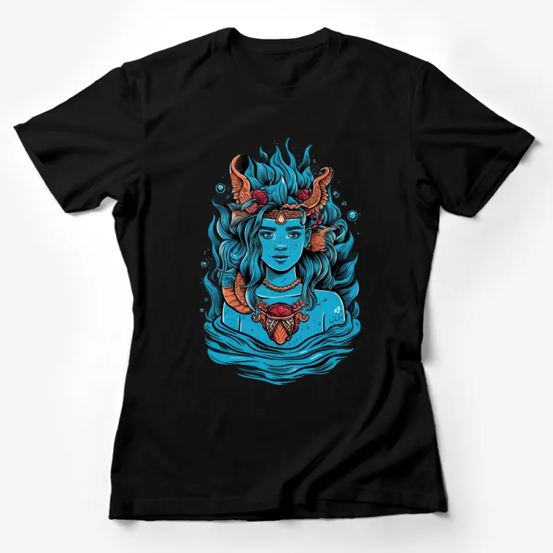 Fantasy Mermaid Art T-Shirt, Blue and Orange Siren Graphic, Nautical Ocean Theme Apparel, Women's Fashion Tee Female T-Shirt