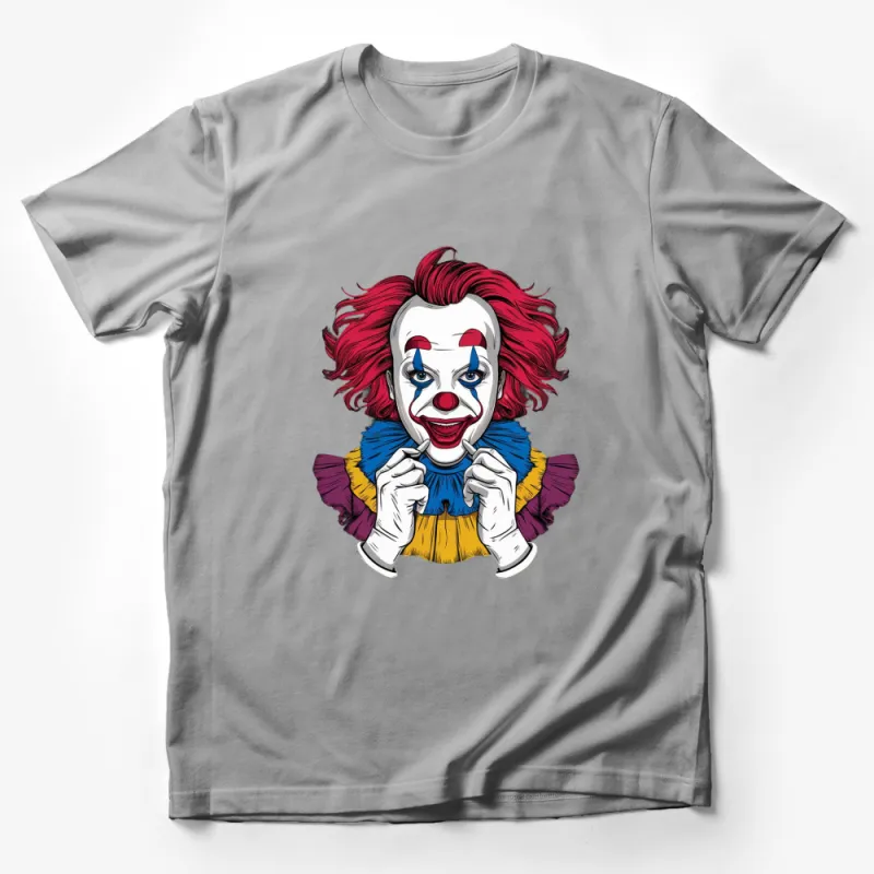 Colorful Clown Graphic T-Shirt, Vibrant Red and Blue Clown Art, Unique Circus Theme Tee, Unisex Apparel Male T-Shirt