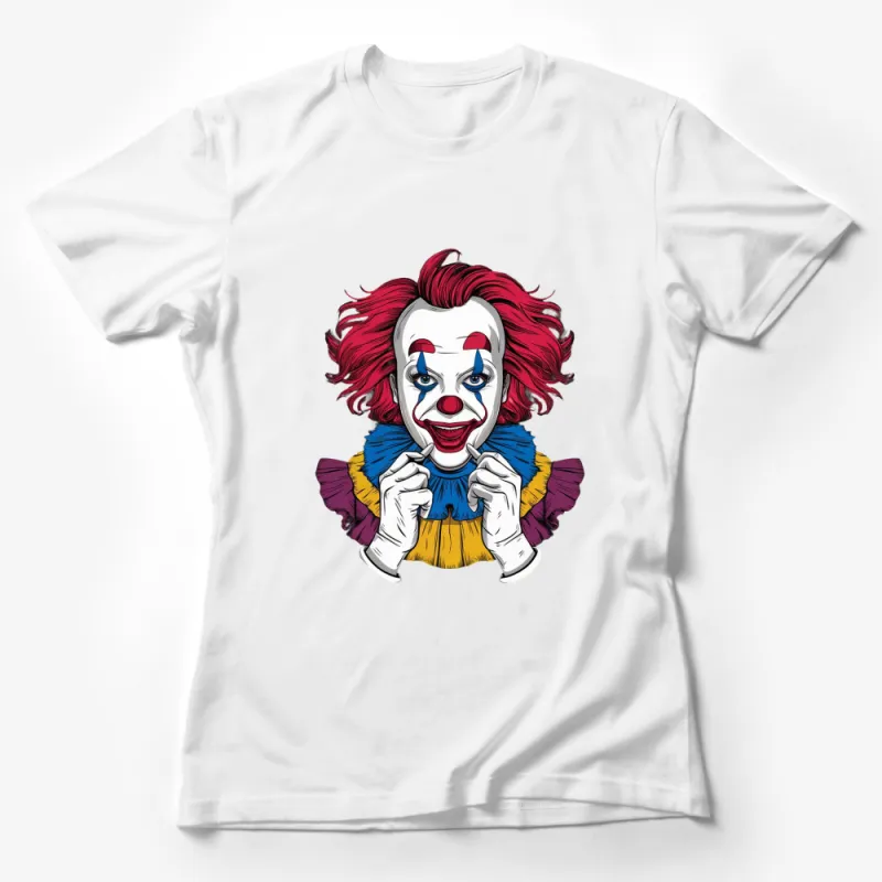 Colorful Clown Graphic T-Shirt, Vibrant Red and Blue Clown Art, Unique Circus Theme Tee, Unisex Apparel Female T-Shirt