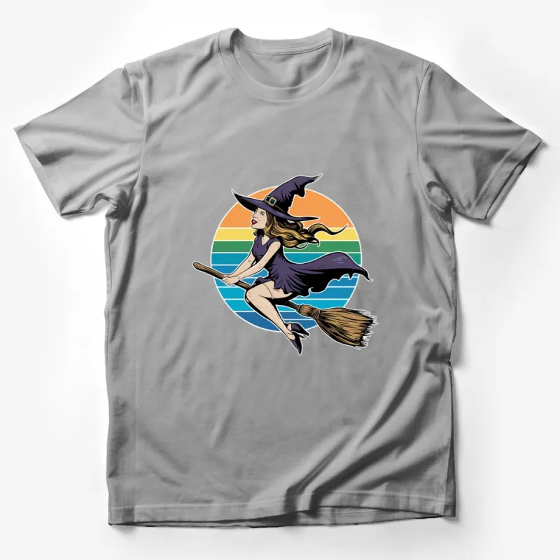 Retro Witch Riding Broomstick T-Shirt, Vintage Witchy Aesthetic Tee, Halloween Witch Sunset Graphic Tee for Adults Male T-Shirt