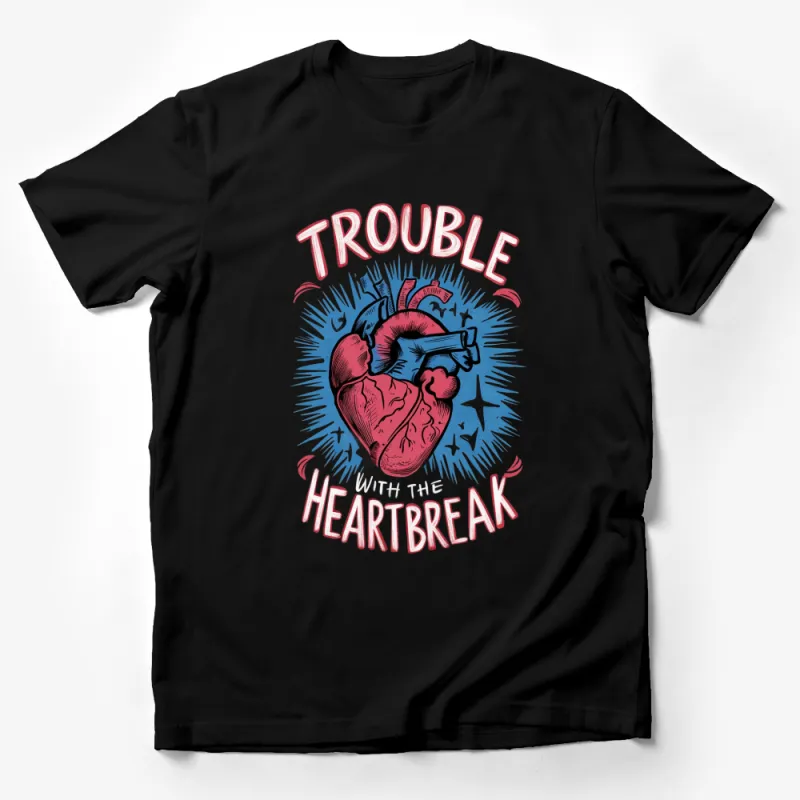 Trouble With Heartbreak Graphic T-Shirt, Vintage Heart and Gun Design, Cool Retro Tee, Unisex Male T-Shirt