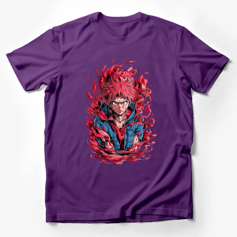 Anime Inspired Red Swirl and Blue Jacket Character T-Shirt, Vibrant Graphic Tee for Fans Male T-Shirt