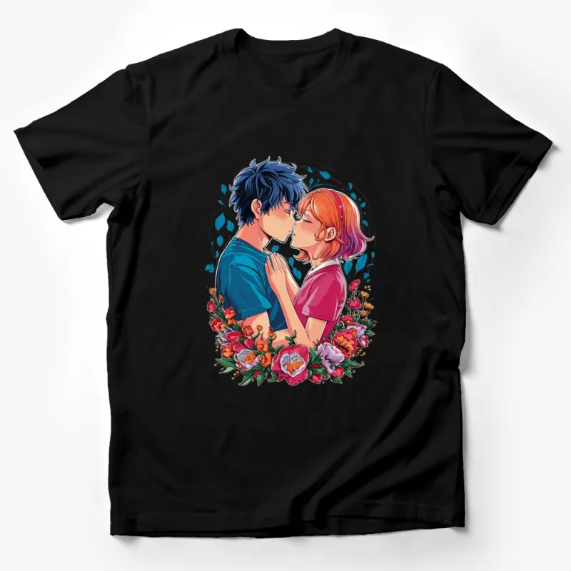 Romantic Anime Couple T-Shirt, Floral Border Love Scene, Colorful Graphic Tee Male T-Shirt