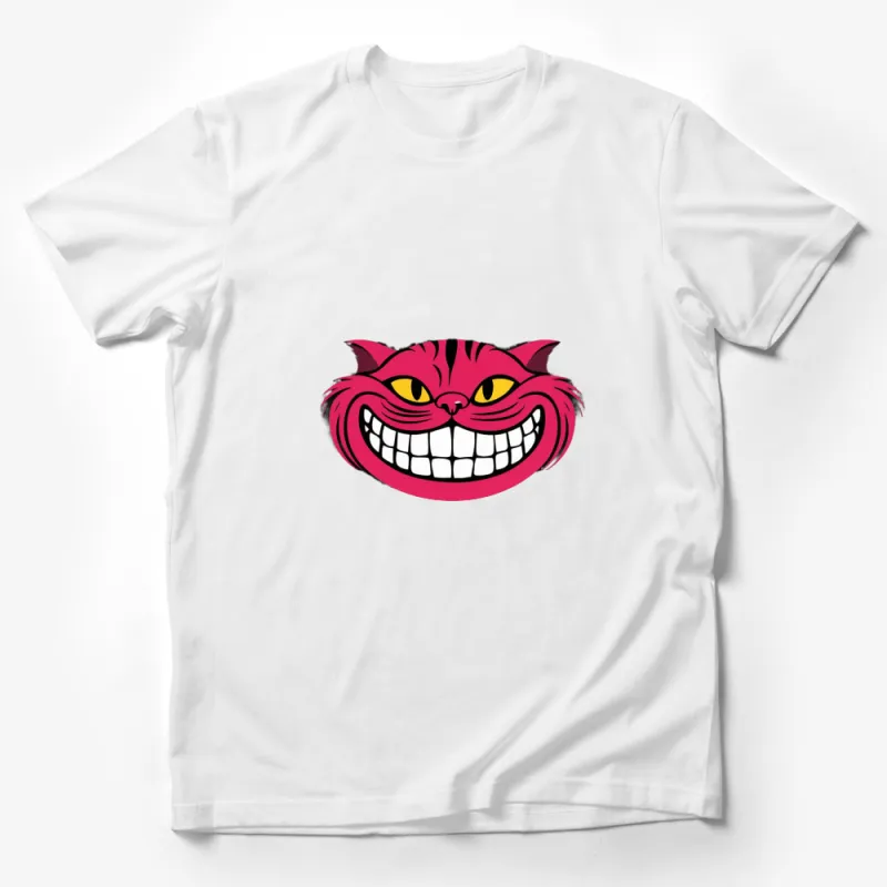 Cheshire Cat Smile T-Shirt, Alice in Wonderland Inspired, Unisex Graphic Tee, Vibrant Pink and Yellow Male T-Shirt