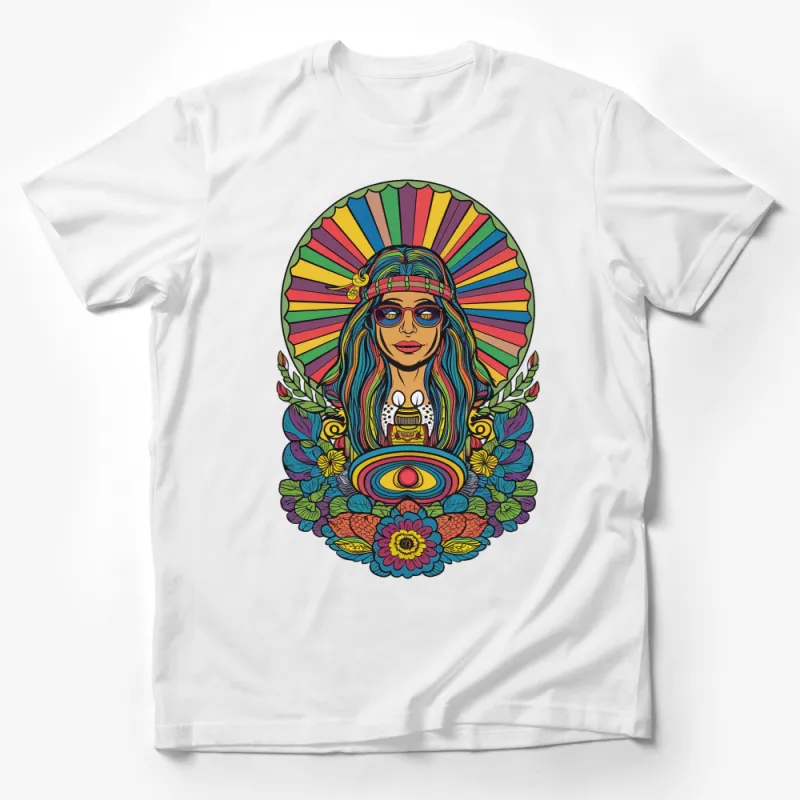 Colorful Hippie Style Woman with Peace Sign Bohemian T-Shirt, Vibrant Rainbow Graphics Tee, Gift for Her Male T-Shirt