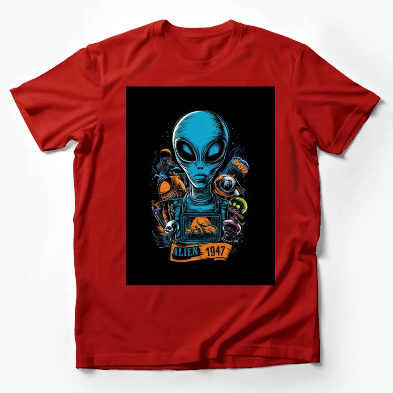 Alien 1947 Vintage Graphic T-Shirt, Cool Sci-Fi UFO Alien Head Design, Retro Style Tee for Men and Women Male T-Shirt