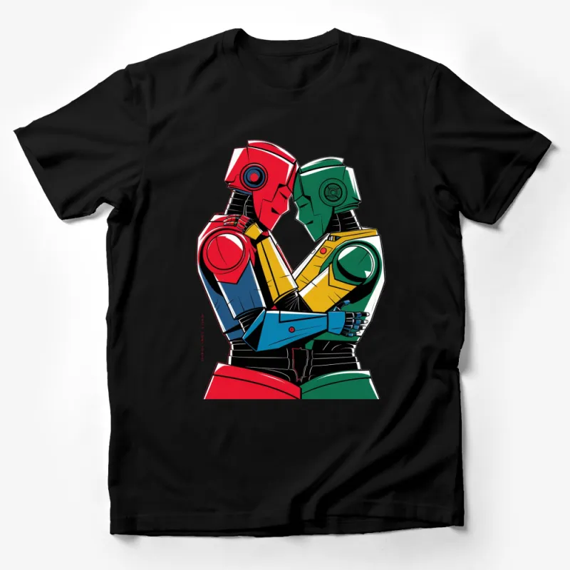 Retro Robots Embrace Graphic T-Shirt, Colorful Vintage Robot Design, Unisex Tee Male T-Shirt