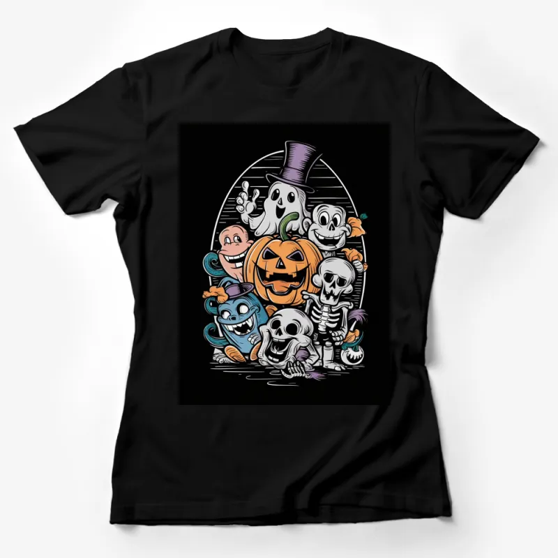 Halloween Party T-Shirt, Spooky Cartoon Ghosts and Pumpkins, Fun Skeleton and Bat Design, Kids and Adults Female T-Shirt