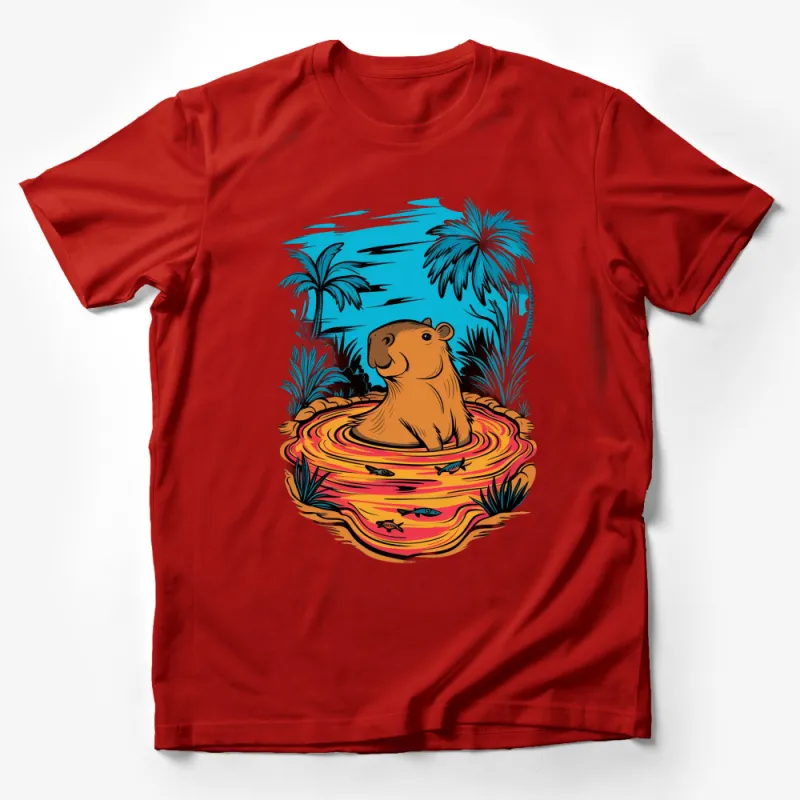 Tropical Capybara Graphic T-Shirt, Colorful Palm Trees and Sunset, Unique Animal Tee, Unisex Casual Summer Shirt Male T-Shirt