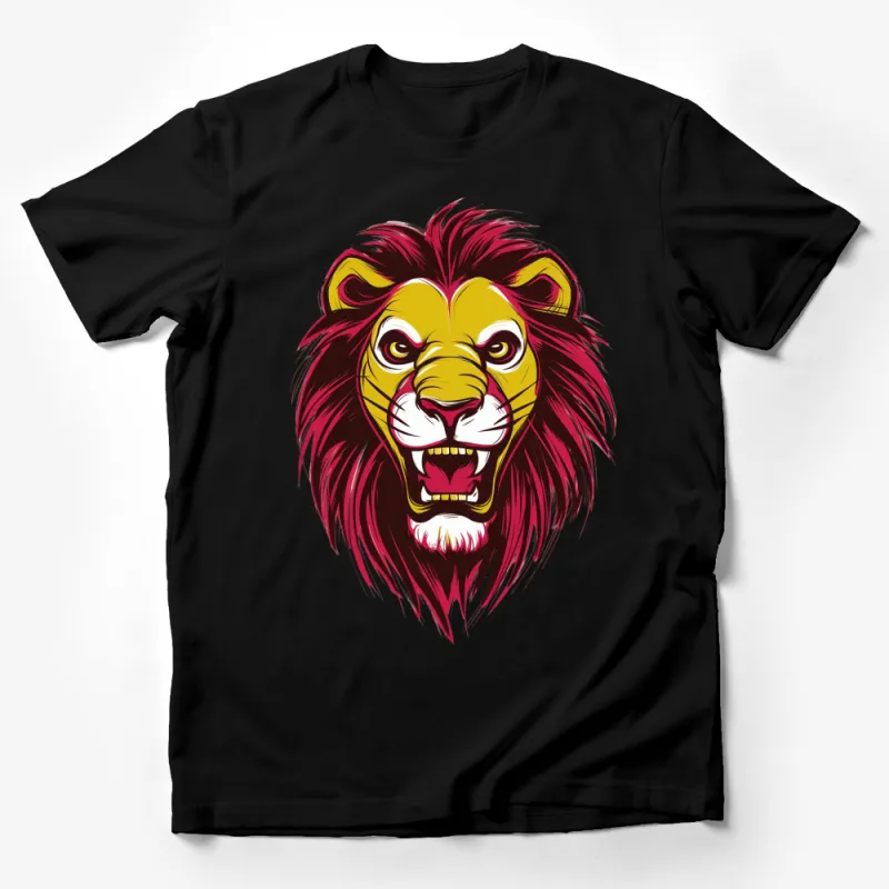 Majestic Red and Yellow Lion Face Graphic T-Shirt, Bold Animal Art Tee for Men and Women Male T-Shirt