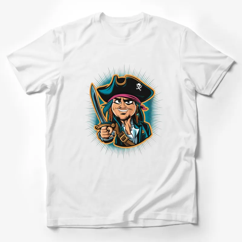 Pirate Captain Cartoon Graphic T-Shirt, Colorful Buccaneer with Sword and Hat Design, Unisex Tee Male T-Shirt