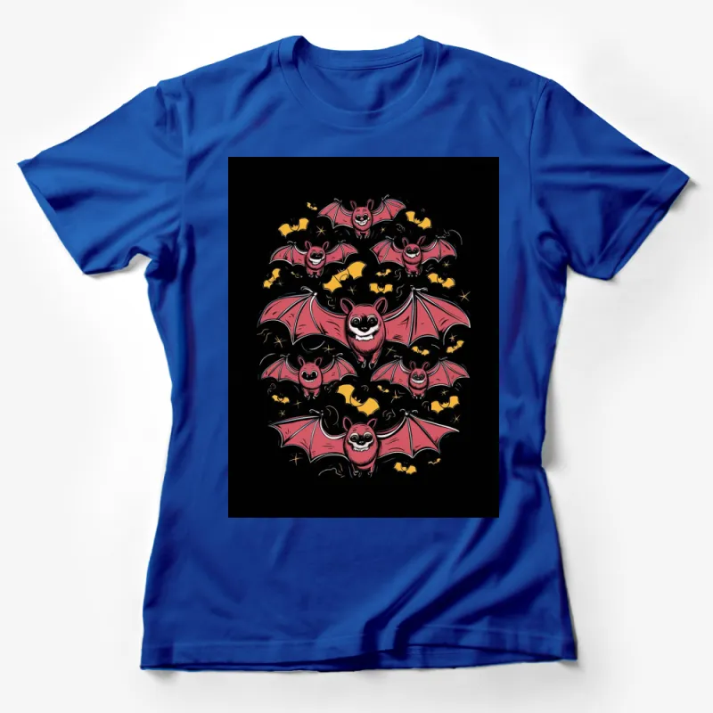 Cute Bat and Stars Graphic T-Shirt, Halloween Bats on Black Tee, Fun Cartoon Bats T-shirt Design Female T-Shirt