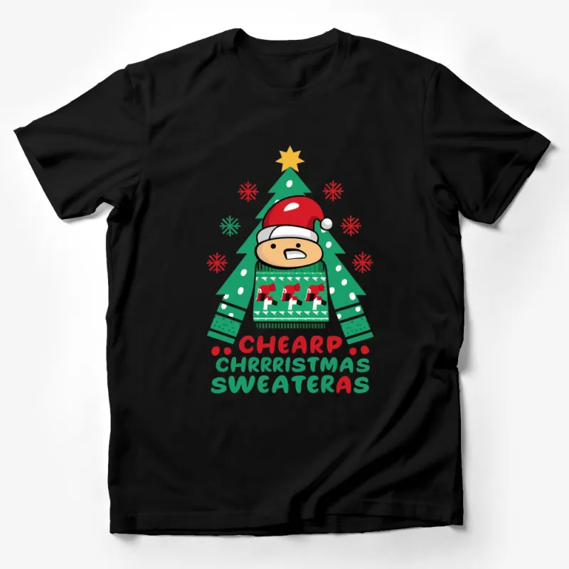 Festive Christmas Tree and Santa Bear Graphic T-Shirt, Holiday Season Casual Wear Male T-Shirt