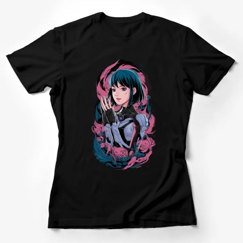 Anime-Inspired T-Shirt, Blue Hair Girl with Futuristic Armor, Cool Graphic Tee, Unique Illustration, Fantasy Art Apparel Female T-Shirt