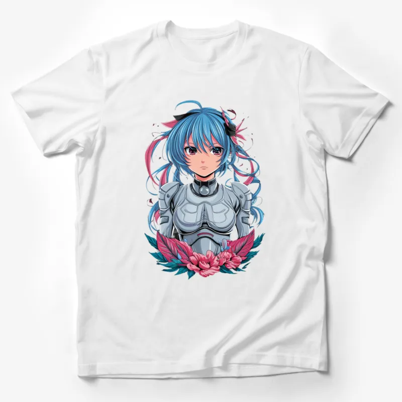 Anime Girl T-Shirt, Blue Hair Cyborg Warrior, Floral Armor Design, Unique Graphic Tee Male T-Shirt