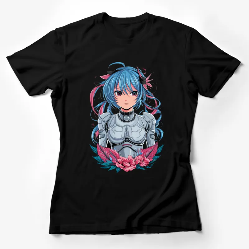 Anime Girl T-Shirt, Blue Hair Cyborg Warrior, Floral Armor Design, Unique Graphic Tee Female T-Shirt