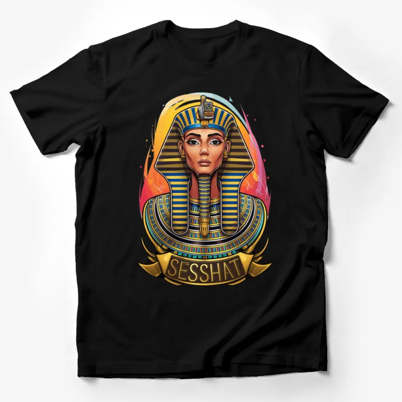 Colorful Egyptian Pharaoh Seshat Graphic T-Shirt, Vintage Mythology Art Style, Unisex Tee Male T-Shirt