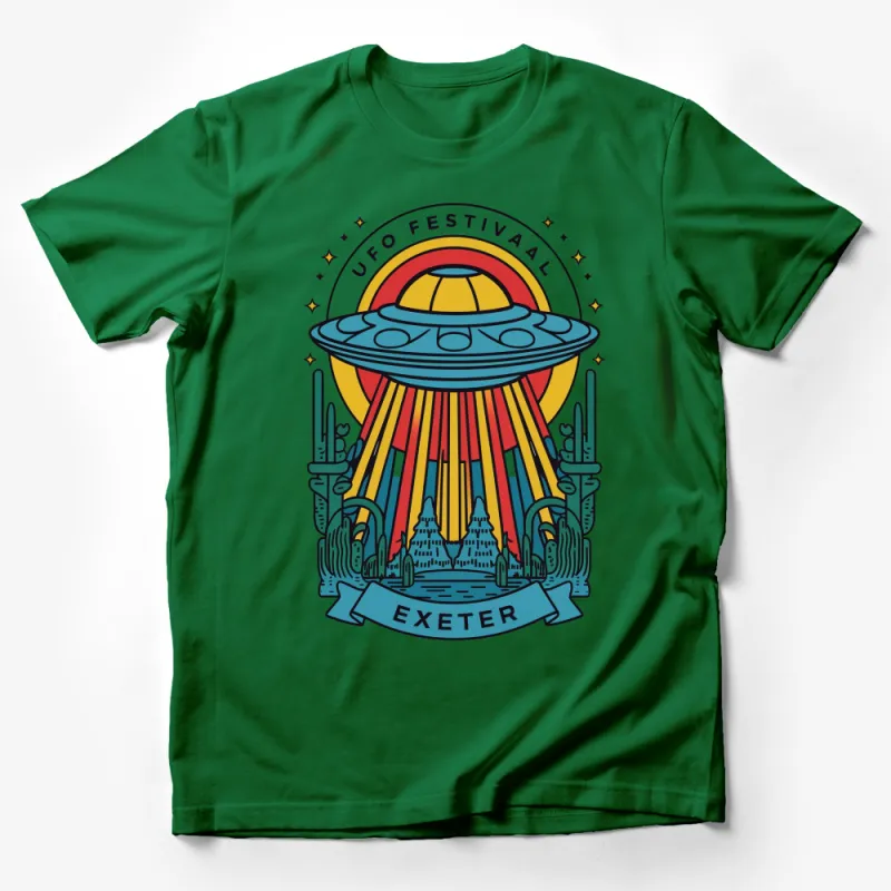 UFO Festival Exeter Graphic T-Shirt, Alien Spaceship and Desert Design, Vibrant Art Tee, Unique Sci-Fi Apparel Male T-Shirt