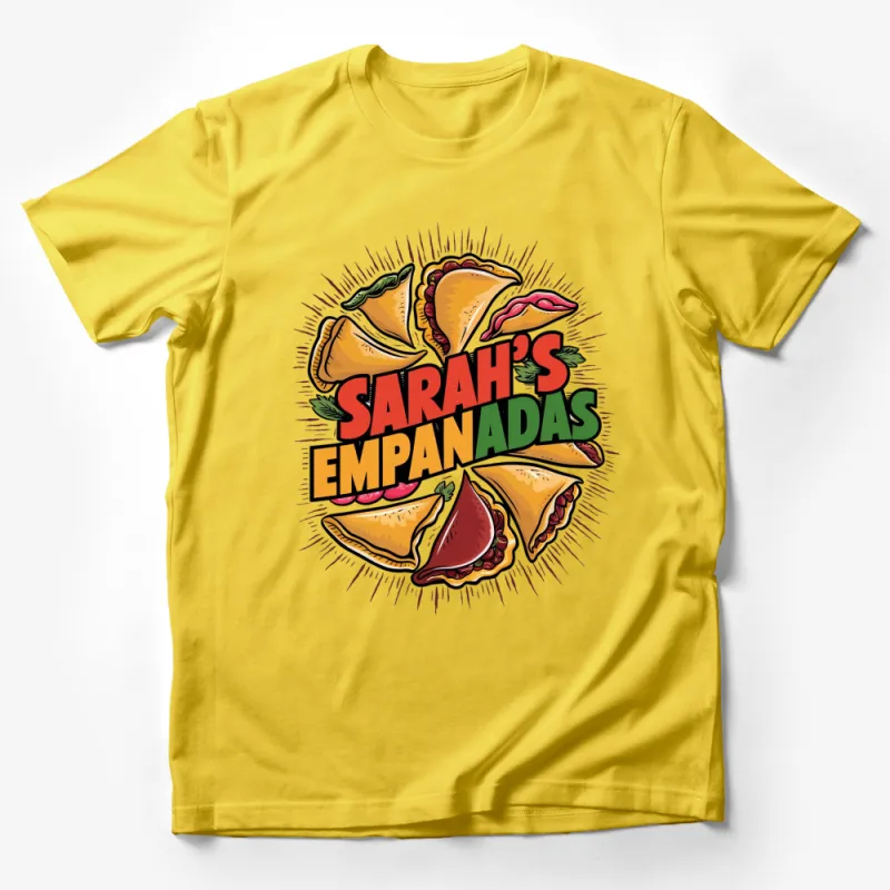 Sarah's Empanadas Colorful Graphic T-Shirt, Fun Foodie Apparel, Bold Typography, Casual Wear Male T-Shirt