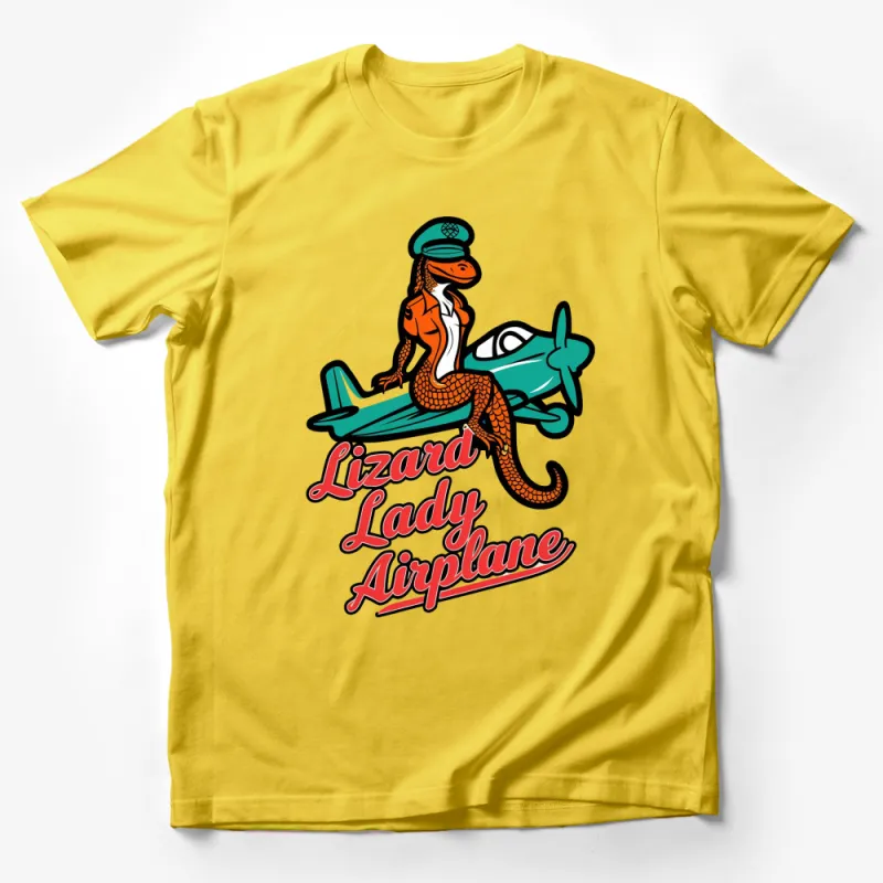 Lizard Lady Airplane Vintage Graphic Tee, Colorful Retro Animal Pilot T-Shirt, Unique Women's Clothing Male T-Shirt