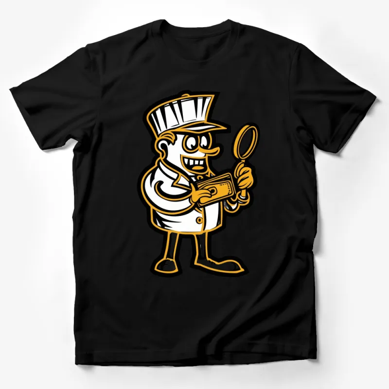 Cartoon Chef Detective T-Shirt, Funny Chef with Magnifying Glass, Unisex Tee Male T-Shirt