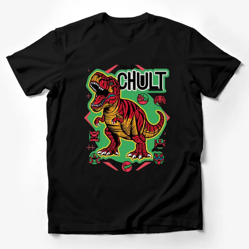 Dinosaur T-Shirt, Retro DandD Chult Inspired, Graphic Tee, Vintage Style, Bold Colors, Unisex Clothing Male T-Shirt