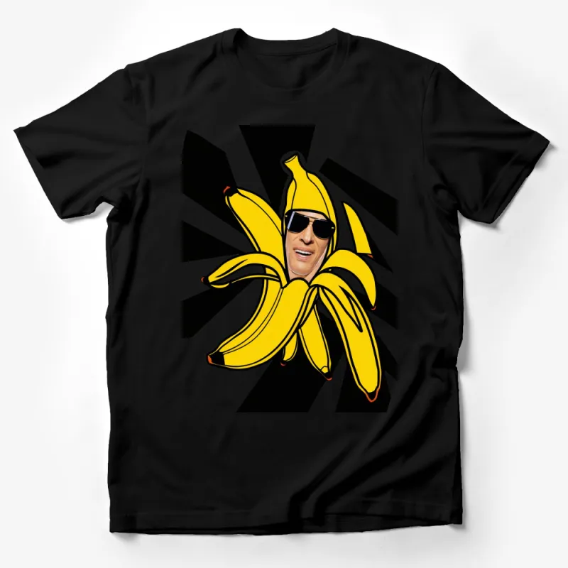 Funky Banana Man with Sunglasses Graphic T-Shirt, Bold Black and Yellow Design Male T-Shirt