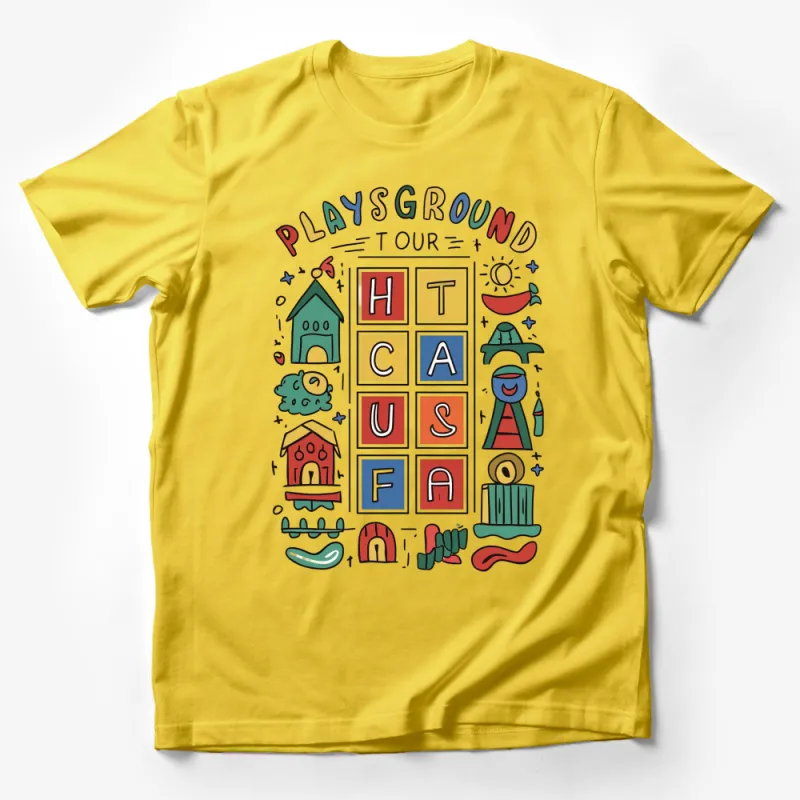 Colorful Playground Tour Graphic T-Shirt, Fun Kids Style Design, Casual Wear Male T-Shirt