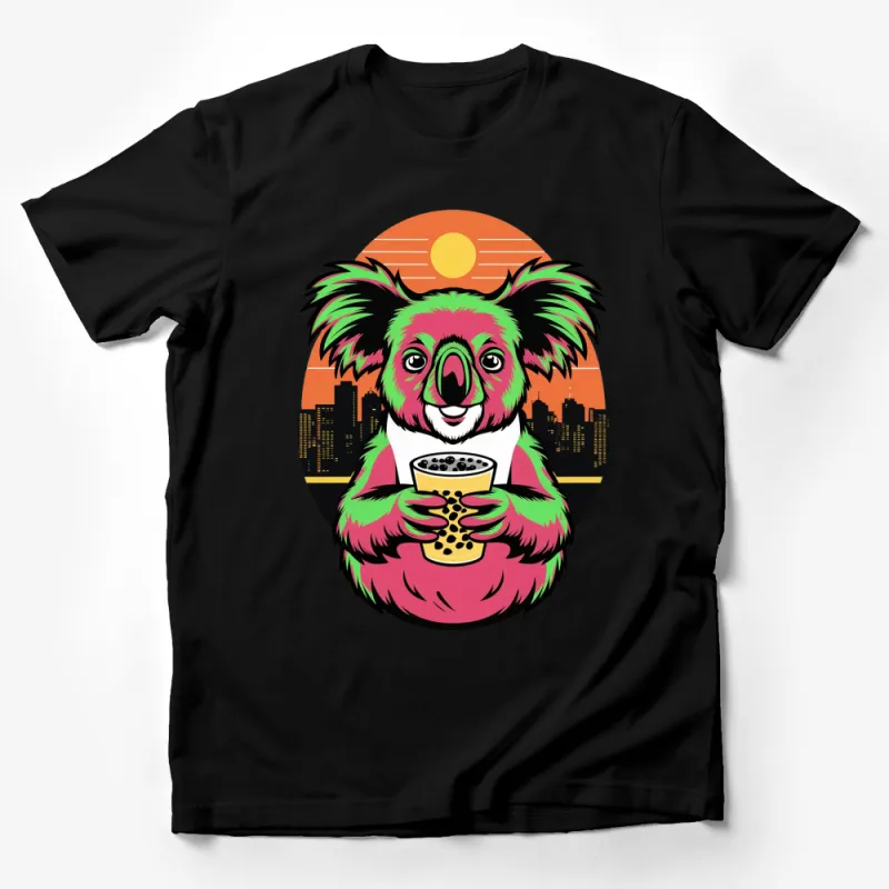 Colorful Koala with Boba Tea T-Shirt, Urban Sunset Koala Graphic Tee, Unique Animal Lover Gift Male T-Shirt