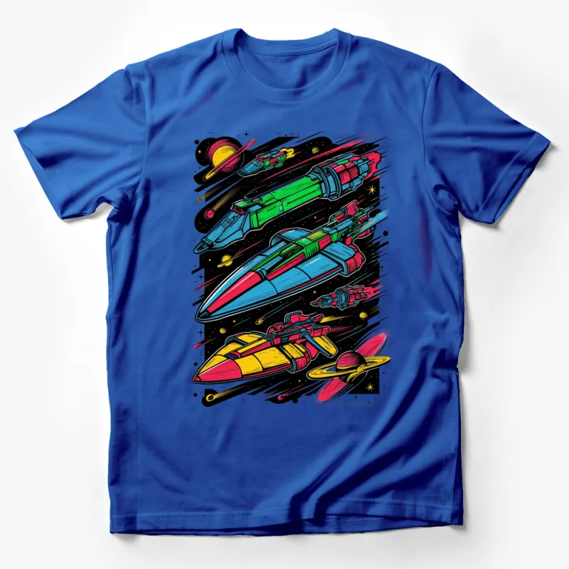 Colorful Space Rockets T-Shirt, Retro Sci-Fi Rockets and Planets Tee, Unisex Graphic T-Shirt for All Ages Male T-Shirt