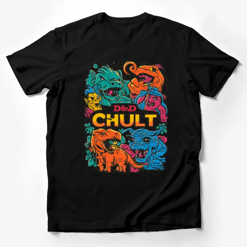 Colorful DandD Chult Fantasy T-Shirt, Dinosaur and Monster Graphic Tee, Vibrant Gamers Apparel Male T-Shirt