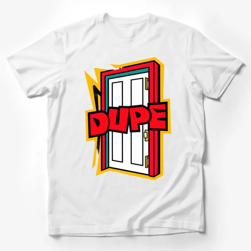 Pop Art Style DUPE Comic Door Design T-shirt, Vibrant Graphic Tee for Comic Enthusiasts Male T-Shirt