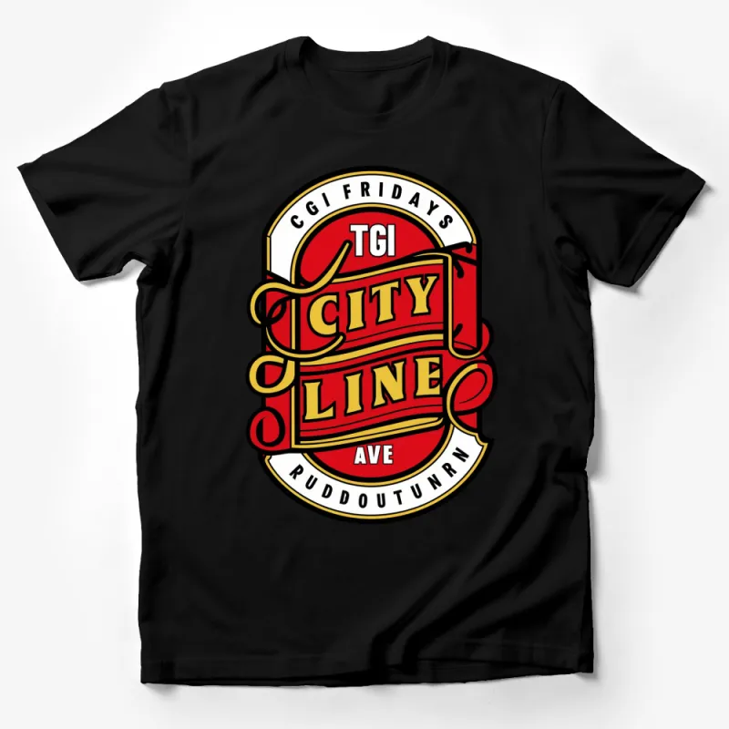 TGI Fridays City Line Ave Classic Logo T-Shirt, Vintage Style Graphic Tee, Casual Red and Yellow Shirt Male T-Shirt