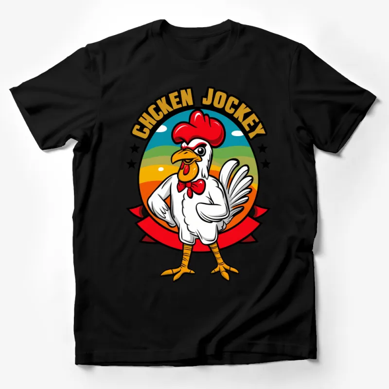 Chicken Jockey Cartoon T-Shirt, Colorful Rooster Tee, Funny Animal Graphic Shirt for All Ages Male T-Shirt